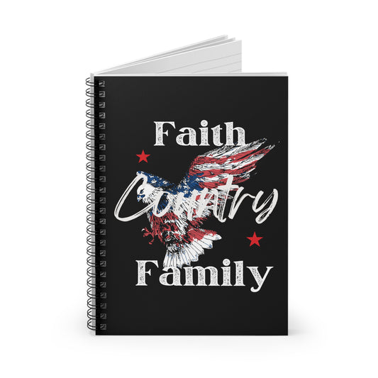 'Faith Family Country' Notebook - Black Spiral Bound Writing Pad, Lined Journal for Patriots