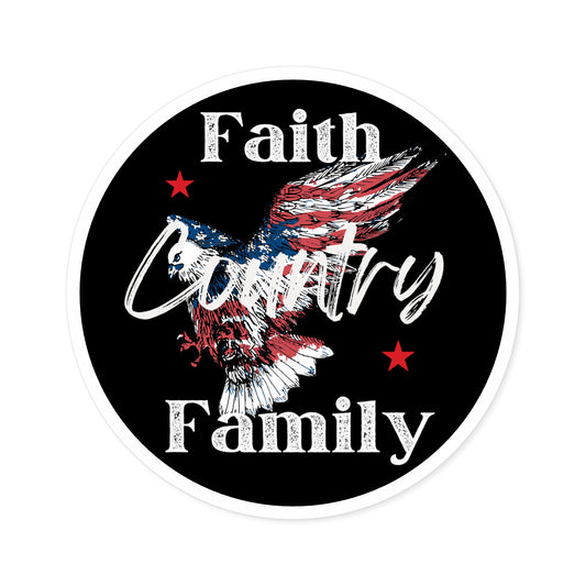 Faith Country Family Sticker, Patriotic Round Sticker Decal, Ideal for Laptops/Cars, Great as Veterans Day Gifts