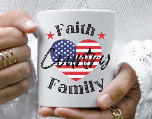Faith Family Country Patriotic White Ceramic Mug, Coffee Cup for Patriots, Christian Mug