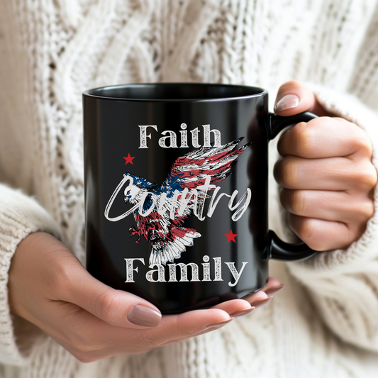Faith Family Country Black Mug, American Patriot Coffee Cup, USA Eagle Mug